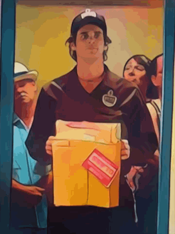A Cartoon Of A Man Holding A Box With A Sticker That Says ' Priority Mail ' On It GIF