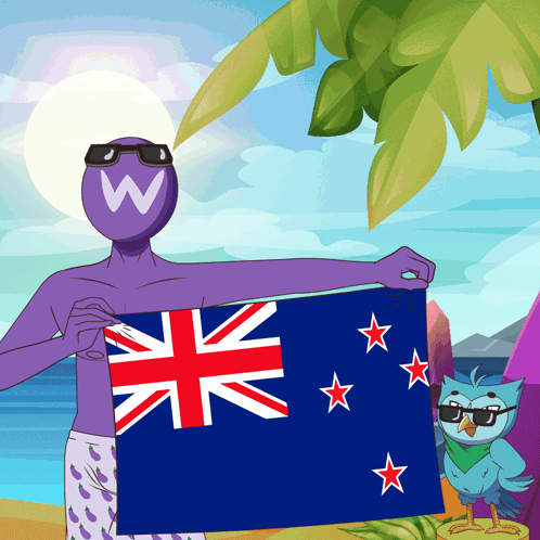 A Cartoon Of A Man Holding A British Flag With An Owl Behind Him GIF