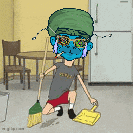 A Cartoon Of A Man Holding A Broom And A Shovel In A Kitchen GIF