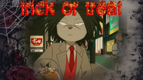 A Cartoon Of A Man Holding A Bucket Of Candy With The Words Trick Or Treat Written Above Him GIF