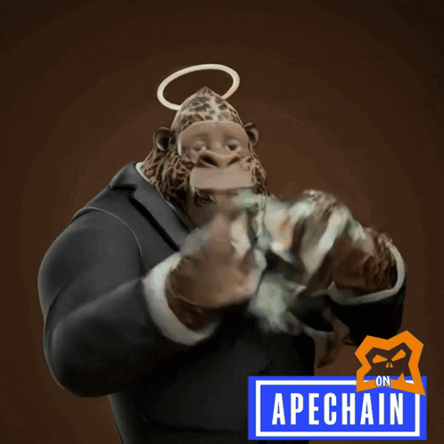 Cartoon Man Holding Money Next To Apechain Sign GIF