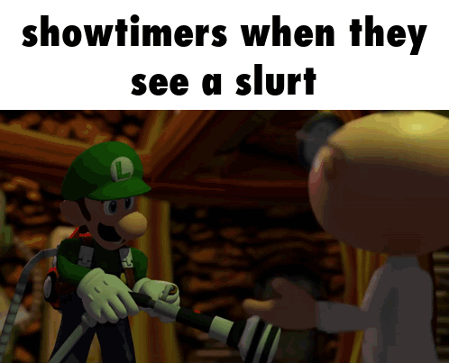 A Cartoon Of A Man Holding A Camera With The Caption Showtimers When They See A Slut GIF