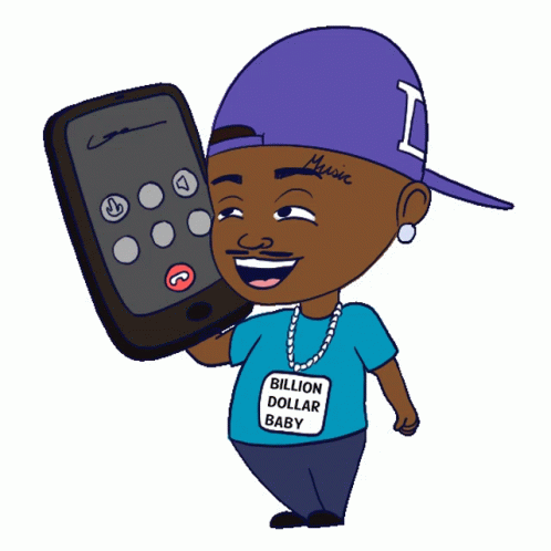 A Cartoon Of A Man Holding A Cell Phone And Wearing A Blue Shirt That Says Billion Dollar Baby GIF
