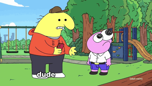 A Cartoon Of A Man Holding A Cell Phone With The Word Dude On It GIF