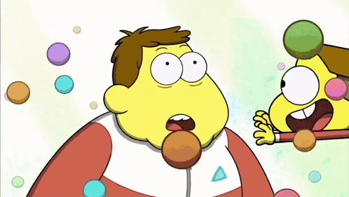 a cartoon of a man holding a child surrounded by colorful candies