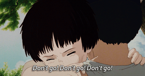 A Cartoon Of A Man Holding A Child With The Words " Don 'T Go Don 'T Go Don 'T Go " GIF