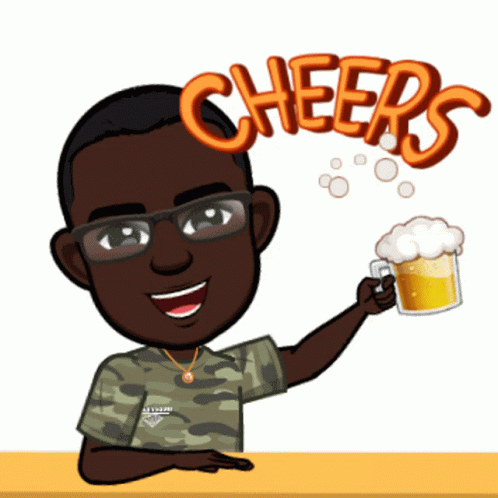 A Cartoon Of A Man Holding A Cup Of Beer With The Word Cheers Above Him GIF