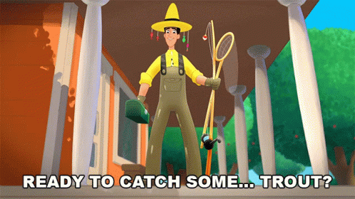A Cartoon Of A Man Holding A Fishing Rod With The Words " Ready To Catch Some Trout " Above Him GIF