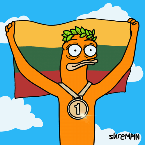 A Cartoon Of A Man Holding A Flag And A Medal With The Number One On It GIF