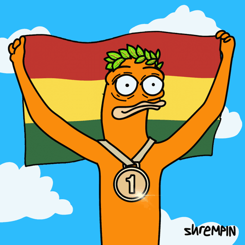 A Cartoon Of A Man Holding A Flag And Wearing A Medal With The Number 1 GIF