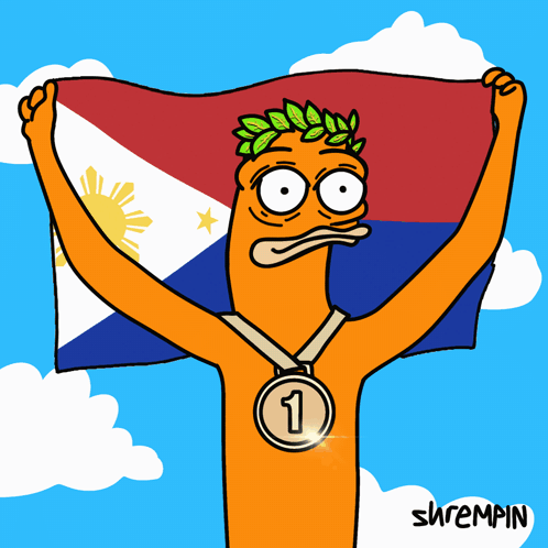 A Cartoon Of A Man Holding A Flag And Wearing A Medal With The Number 1 On It GIF