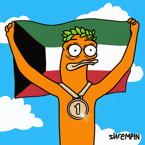 A Cartoon Of A Man Holding A Flag With A Medal Around His Neck With The Number 3 On It GIF