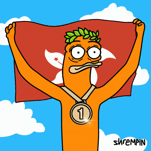 A Cartoon Of A Man Holding A Flag With A Medal Around His Neck With The Number 3 On It GIF