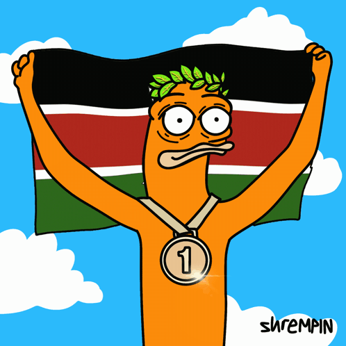 A Cartoon Of A Man Holding A Flag With A Medal Around His Neck With The Number 3 On It GIF