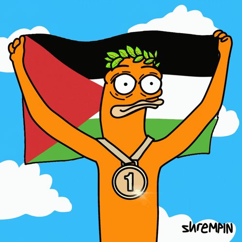 A Cartoon Of A Man Holding A Flag With A Medal Around His Neck With The Number 3 On It GIF