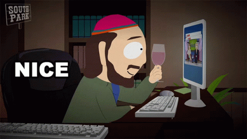 A Cartoon Of A Man Holding A Glass Of Wine In Front Of A Computer Screen That Says " Nice " GIF