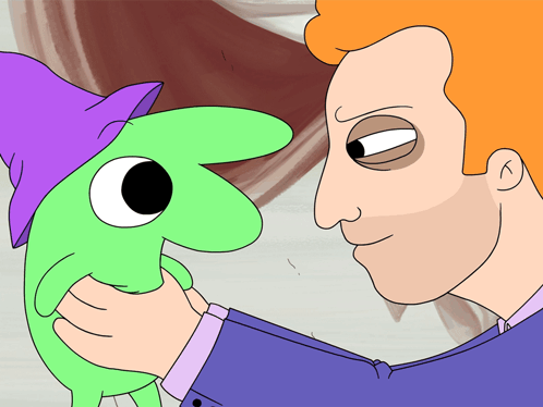 A Cartoon Of A Man Holding A Green Monster With A Purple Hat GIF