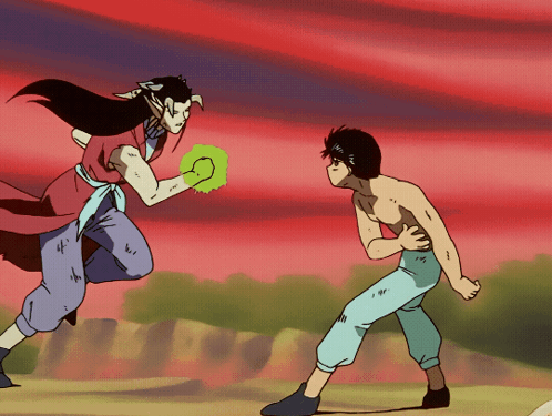 A Cartoon Of A Man Holding A Green Object And Another Man Standing Next To Him GIF