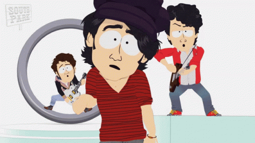 A Cartoon Of A Man Holding A Guitar With A Sign That Says South Park Behind Him GIF