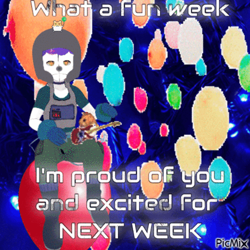 A Cartoon Of A Man Holding A Guitar With The Words " What A Fun Week " On The Bottom GIF