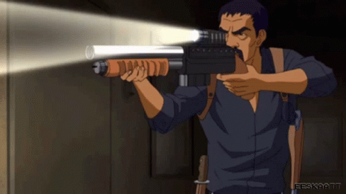 A Cartoon Of A Man Holding A Gun With A Flashlight And The Word Eeskaamt On The Bottom Right GIF