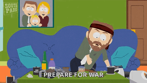 A Cartoon Of A Man Holding A Gun With The Words Prepare For War Above Him GIF