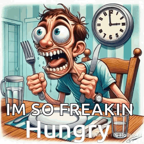 A Cartoon Of A Man Holding A Knife And Fork With The Caption I 'M So Freaking Hungry GIF