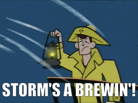 A Cartoon Of A Man Holding A Lantern With The Words Storm 'S A Brewin ' GIF