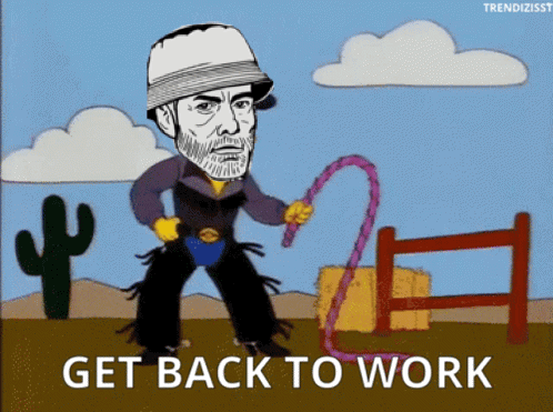 A Cartoon Of A Man Holding A Lasso And The Words Get Back To Work GIF