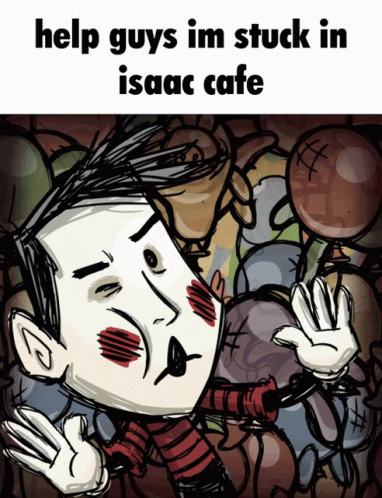 A Cartoon Of A Man Holding A Lollipop With The Words Help Guys Im Stuck In Isaac Cafe GIF