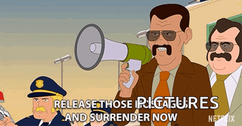 A Cartoon Of A Man Holding A Megaphone With The Words Release Those Picatures And Surrender Now GIF
