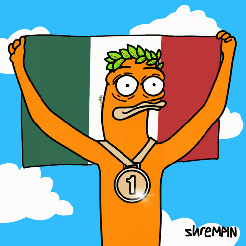 A Cartoon Of A Man Holding A Mexican Flag And Wearing A Medal With The Number 1 On It GIF