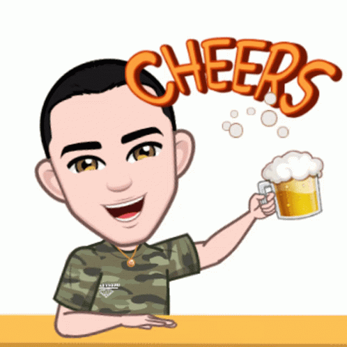 A Cartoon Of A Man Holding A Mug Of Beer With The Words Cheers Written Above Him GIF
