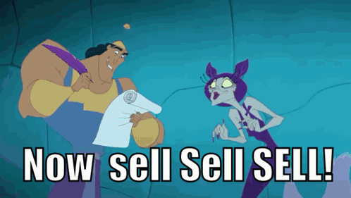 A Cartoon Of A Man Holding A Piece Of Paper Next To A Purple Monster That Says Now Sell Sell Sell GIF