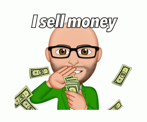 A Cartoon Of A Man Holding A Pile Of Money With The Words I Sell Money Above Him GIF