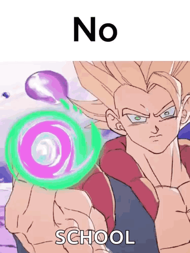 A Cartoon Of A Man Holding A Purple And Green Circle With The Words No School Below It GIF