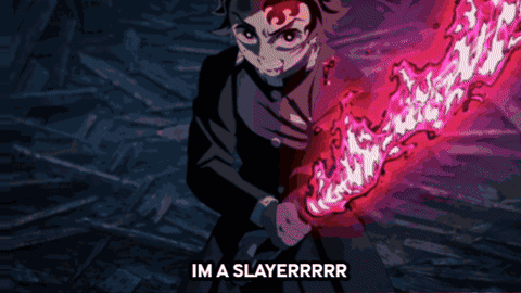 A Cartoon Of A Man Holding A Red Sword With The Words Im A Slayerrrr GIF