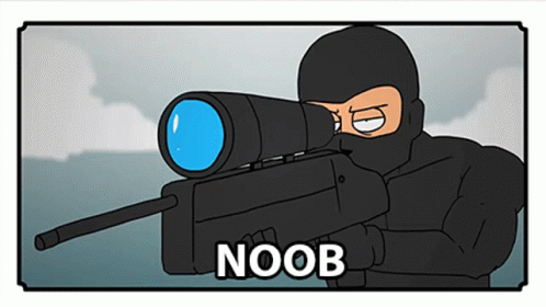 A Cartoon Of A Man Holding A Rifle With The Word Noob Below It GIF
