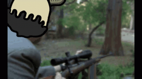 A Cartoon Of A Man Holding A Sniper Rifle In A Forest GIF