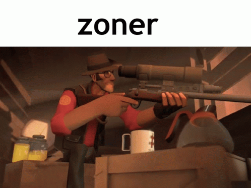 A Cartoon Of A Man Holding A Sniper Rifle With The Word Zoner Written Above Him GIF