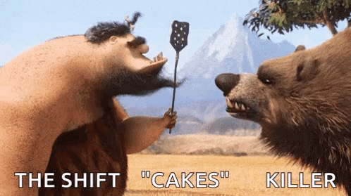 A Cartoon Of A Man Holding A Spatula With The Words " The Shift " Cakes " And " Killer " Written Below It GIF