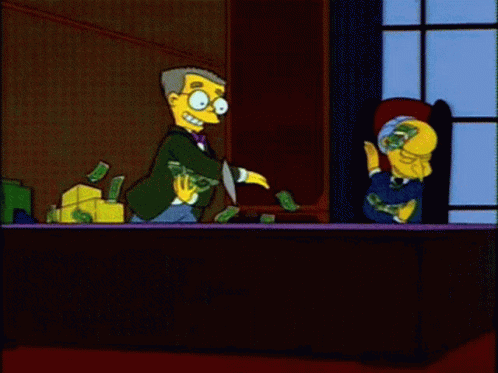 A Cartoon Of A Man Holding A Stack Of Money In Front Of A Window GIF