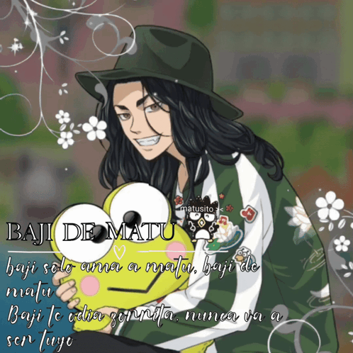 A Cartoon Of A Man Holding A Stuffed Animal That Says " Baji De Matu " On The Bottom GIF