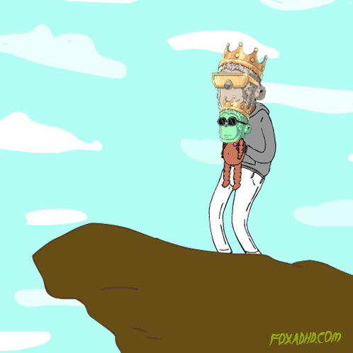 A Cartoon Of A Man Holding A Stuffed Monkey With A Crown On It GIF