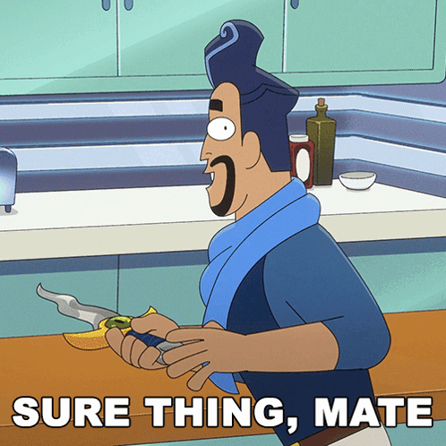 A Cartoon Of A Man Holding A Sword And The Words Sure Thing Mate Below Him GIF