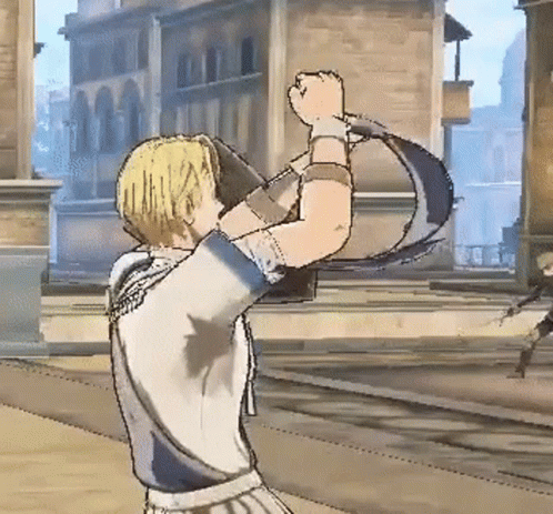 A Cartoon Of A Man Holding A Sword In His Hands GIF