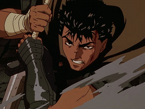 A Cartoon Of A Man Holding A Sword With Bandages On His Hands GIF