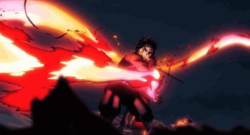 A Cartoon Of A Man Holding A Sword With Flames Coming Out Of His Hands GIF