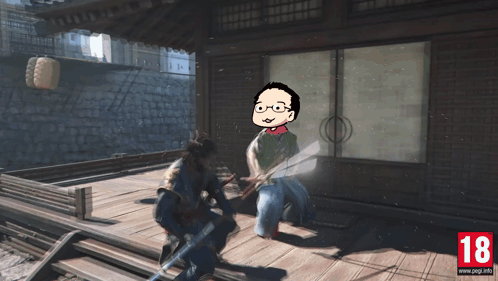 A Cartoon Of A Man Holding A Sword With The Number 18 On It GIF