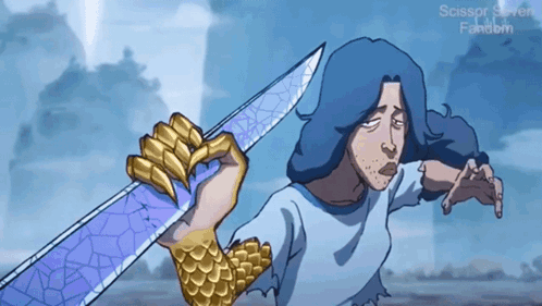 A Cartoon Of A Man Holding A Sword With The Word Scissors Written Below Him GIF